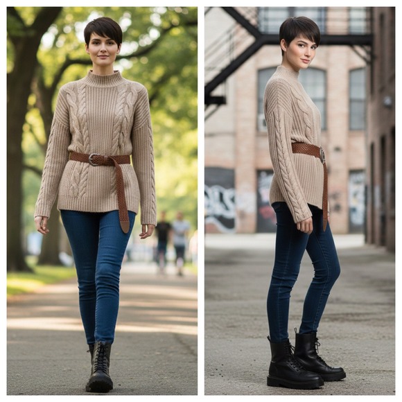 Calvin Klein Chunky Cable Knit Sweater Women Mock Neck Chunky Beige Cotton Sz M - Picture 11 of 17